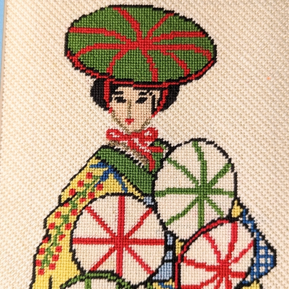 Vintage Hand Made Cross Stitch Japanese Geisha Matted Framed Chinoiserie 12x19 - Picture 4 of 7